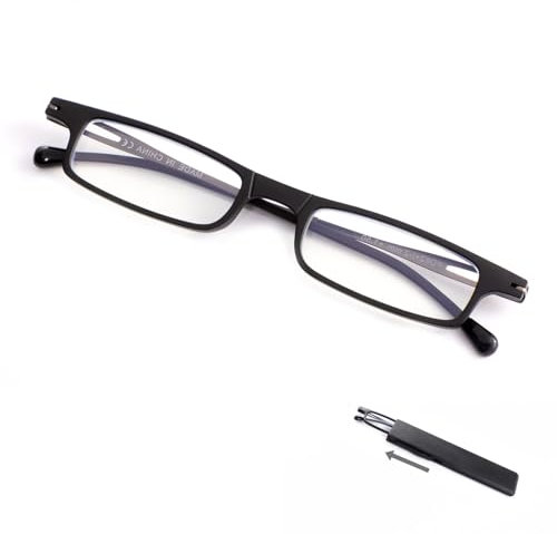 SKYWAY Ultra thin Folding Reading Glasses for Women Men Metal Lightweight Blue Light Blocking Foldable Compact Computer Glasses Black +2.0