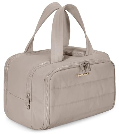 BAGSMART Travel Toiletry Bag, Crush Toiletry Bag for Women, Wide-open Puffy Toiletry Bags for Traveling, Large Travel Cosmetic Makeup Bag Organizer for Accessories,Toiletrie, Grayish Brown