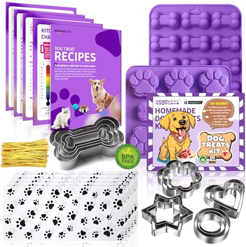Moldes caseros de silicona para perros, cortadores de galletas para perros, incluye 2 moldes de golosinas para perros, 5 + 12 cortadores de galletas y 4 tarjetas de recetas para perros, 50 bolsas de