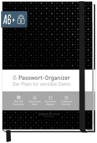 paper&you® Passwortbuch A6+ mit Register A-Z Black Edition für 320 Zugangsdaten, Passwort-Manager klein, Passwort Buch deutsch - nachhaltig & klimafreundlich