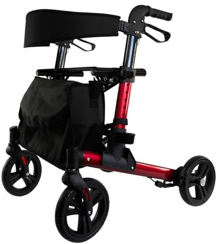 Parvum Riva Rollator – Doppelt faltbar, aus Aluminium, 6,6 kg, mit komfortablem Sitz und Rückenlehne, versteckten Bremskabeln – sicher & mobil im Alltag und unterwegs – Gehhilfe für Senioren - Rot