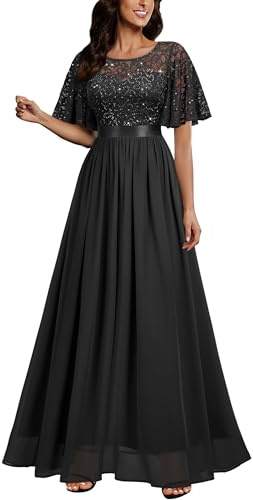 MIUSOL Women's Elegant Flutter Sleeves Lace Sequin Prom Bridesmaids Party Gown Formal Maxi Dress (Medium, Black)