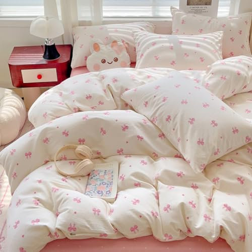 Covebett Duvet Cover Double Pink White Bow Heart Bowknot Microfiber Bedding Set Cute Aesthetic Girls Women Bow Tie Bows Quilt Cover 200x200 and 2 Pillowcases 50x75cm