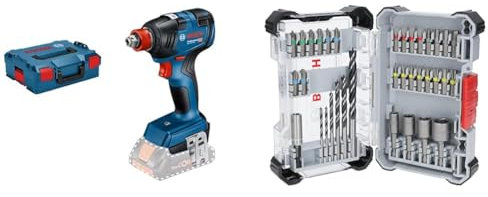 Bosch Professional 18V System Akku Drehschlagschrauber GDX 18V-200 (inkl. L-BOXX, ohne Akku/Ladegerät) + 35x Extra Hard Schrauberbit‑ und PRO Wood Bohrer-Set (197 x 110,5 mm, Zubehör)