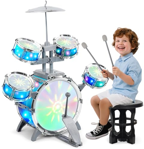 LeeQee Drum Set for Kids 1-3, Jazz Drumset for Toddler 3-5 Vibrant Aurora Light with 5 Pcs High Drums, Musical Instruments Toy for Age 5-7 Year Old Boys Girls