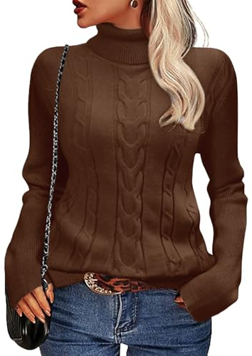 Xnova Winter Jumpers for Women Turtleneck Cable Knit Sweaters Ladies Long Sleeve Tops Warm Chunky Jumper Roll Neck Slim Fit Pullover Knitwear, Coffee, L