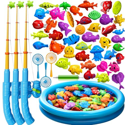 Magnetic Fishing Pool Toys Game for Kids Toddlers 3-5 4-8, Fishing Water Table Bathtub Toy with Inflatable Pool Pole Rod Net Plastic Floating Fish, Water Bath Pool Outdoor Toys for Kids Toddlers Baby