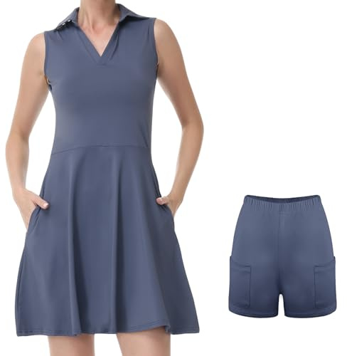 Bezioner Damtennisklänning ärmlös poloklänning med shorts golfklänningar dam med 4 fickor i linje med sportkläder, Marinblå, S