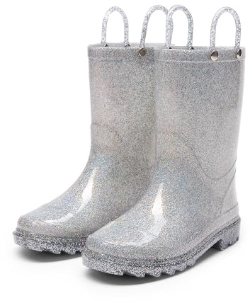 DREAM PAIRS Regnstövlar för barn, glitter för pojkar och flickor med enkla handtag glittrande vattentäta stövlar för utomhusbruk, lekande regnstövlar unisex-barn | för flickor, glitter, enkla handtag, halkfri, lätt, för utomhus regnig dag lek, pöl stänk