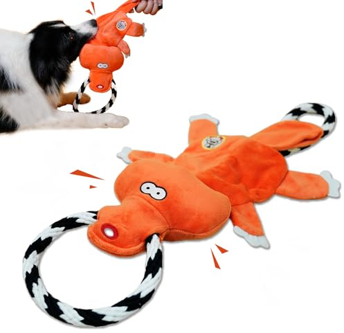 Tugger Knots Rope Toy - Tug of War Dog Toys for Large Dogs, Minimal Stuffing Squeaky Dog Chew Toys for Aggressive Chewers, Interactive Dog Toy Durable Dog Plush Toy for Boredom Cleaning Teeth