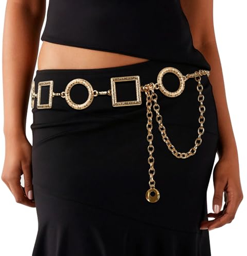 Giomos Gold Chain Belts for Women, Adjustable Western Concho Waist Chain, Metal Boho Belt for Dresses and Pants, 48.8in