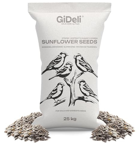 GiDeli Semillas de girasol a rayas 25 kg – Comida para pájaros todo el año – Comida dispersa para aves silvestres y aves – Comida para pájaros de invierno para carboneros, pinzones, gorriones – rico