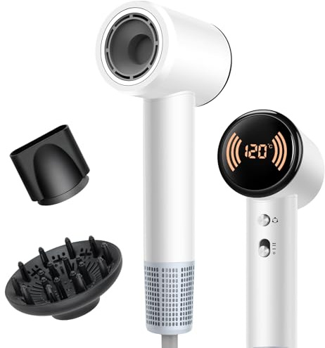 Hair Dryer, Ionic Hairdryer, Travel Hairdryer with Diffuser, Digital Temperature Display, 110,000 RPM High Speed Brushless Motor, Low Nois, Hairdryers for Women Man, Hairdryer for Fast Drying