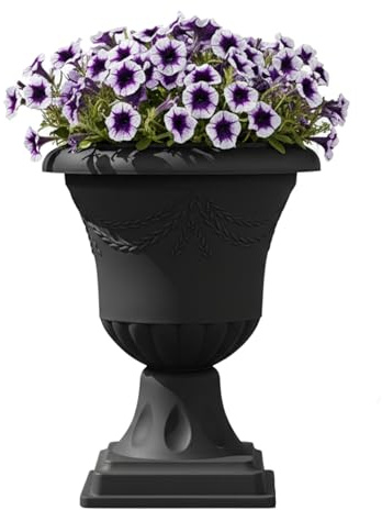 Macetero grande con copa de ánfora, maceta con tallo, diámetro de 27 cm y altura de 40 cm, redonda, grafito fino para el hogar y el jardín, mate, maceta para cementerio para flores frescas y