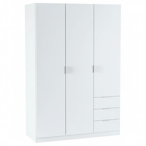 Bricozone Armadio Multiuso 3 Ante Con 3 Cassetti Guardaroba Salvaspazio Con Barra Appendiabiti Struttura Compatta Design Moderno 121x52x180 Cm (Bianco)