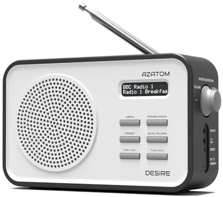 DAB/DAB+ & FM Portable Digital Radio | Simple Controls | Dual Alarms & Sleep Timer | Bluetooth | Rechargeable Battery | Perfect for Home, Office or Outdoors | AZATOM Desire (Black)