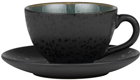 BITZ Tasse, Kaffeetasse mit Untertasse, Steingut, 24 cl, Höhe 6 cm, Schwarz/Grün