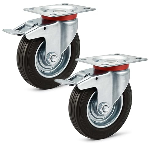 Wiltec Jeu 2x Roulette pivotante Blocage double – Ø 100 mm – Capacité 70 kg – en Caoutchouc – Roue avec Frein et Plaque de montage – Transport Appareil Accessoire Meuble – Usage silencieux sans trace