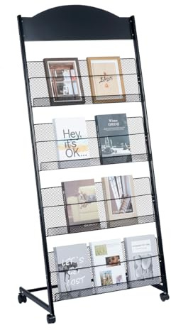 lesolar Floor-Standing Magazine Rack 4-tier Newspaper Holder Book Display Shelf Brochure Display Stand Floor Suitable for Exhibitions Shopping Malls Hospitals Offices School (Black)