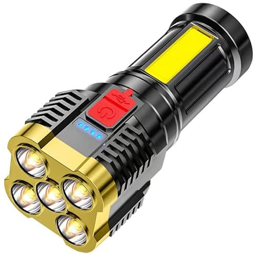 Torches Led Super Bright, Led Spotlight Flashlight Five-Nuclear Explosion LED Flashlight Strong Light Rechargeable Home Outdoor Searchlight (Gold)