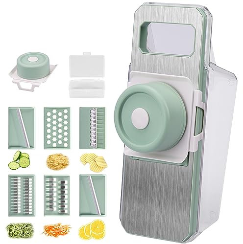 LoQuick Gemüseschneider, Salatschneider Mandoline Gurkenhobel, Profi-Schneidemaschine, mit 6 Austauschbare Klingen, verstellbar, Klinge Reibe für Gemüse Käse Kartoffel Karotte Frucht