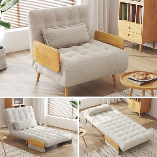 JASIWAY Convertible Sleeper Chair Bed for Adults, 3 in 1 Linen Convertable Futon Chair with Pillow, Fold Out Single Sleeper Couch Guest Bed for Small Spaces, Bedroom, Office, Mid-Century, 36.6