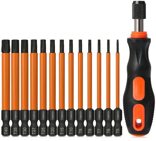 Torx Bit Set with Driver Hakkin 14Pcs Tamper Proof Security Bits S2 Steel Torx Screwdriver Sets 1/4” Hex Shank Magnetic 75mm Torx Screwdriver Bits for Power Tools Hand Tools T5-T40