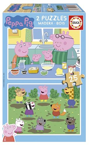 Educa - Peppa Pig | Uppsättning av 2 pussel för barn i trä med 25 stycken vardera. Mått: 26 x 18 cm rekommenderas från 4 år (19995)