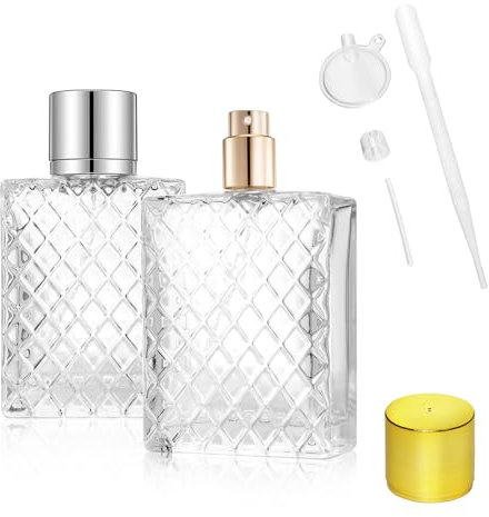 LUBOXIN 2 Pcs 100ml Perfume Atomisers Refillable, Clear Glass Perfume Spray Bottle Square Grids Empty Perfume Bottles Portable Travel Perfume Atomiser Refillable with Funnel, Dropper and Squeezer