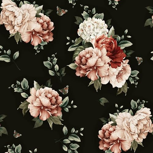 Yullpaper Blumentapete Selbstklebend Vintage Klebefolie Muster Tapete Floral Schwarz/Rosa Möbelfolie Selbstklebend Schwarze Dekofolie Tapeten Wohnzimmer Vinyl Selbstklebende Folie Möbel 44.5cm X 300cm