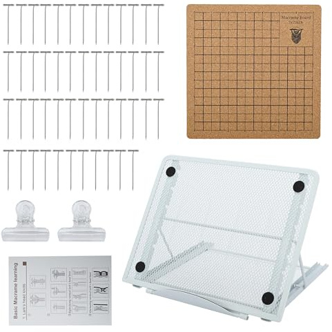 awagas Macrame Board Set, 20.3x20.3cm Double Side Macrame Board with 6-speed Adjustable Metal Stand, 50 T-pins, and 2 Clips, Portable Macrame Board and Pins for DIY Knotting Creations