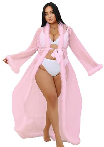 ohyeahlady Kimono Sexy Femme Long Maille Trasparente Queen Robe Perspective Lingerie de Nuit Sheer Nuisette avec Plumes Ceinture Grande Taille