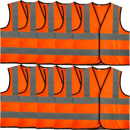 10 Pack Kids Hi Vis Vests with Reflective Strips Child High Vis Vest Bulk Children Hi Visibility Safety Vest for Girls Boys Outdoor Activities, Orange (S, 4-6 years(100-120 cm))