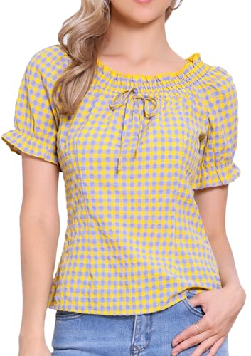 Allegra K Gingham Plaid Blouse for Women Peasant Round Neck Ruffles Puff Sleeve Top Purple Yellow S