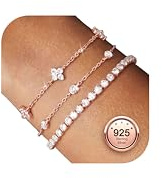 Finrezio 3 Pcs Rose Gold Bracelets for Women Sterling Silver Bracelet Set Layered Dainty Chain with Zirconia Bracelet Adjustable Tennis Bracelets Ladies Rose Gold Bracelets Jewelry for Women