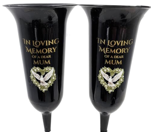 Angraves Set of 2 Special Mum Dove Love Heart Black and Bronzed Gold In Loving Memory Fluted Spiked Memorial Grave Cemetery Flower Vases Holders Containers Pots