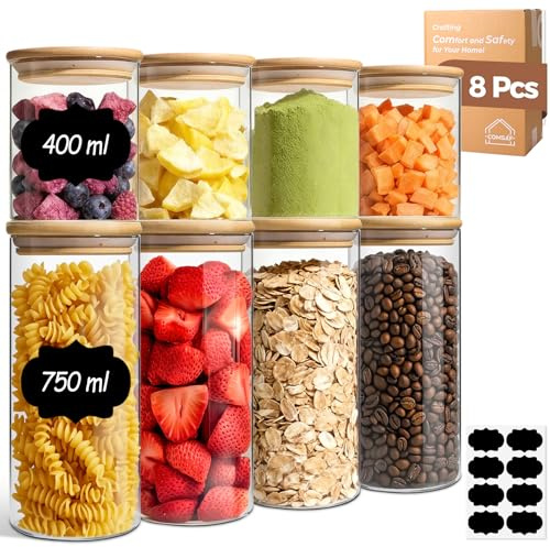 ComSaf 8er Set Vorratsgläser mit Deckel Luftdicht, Glasbehälter mit Deckel, Vorratsdosen Glas, Vorratsglas mit Holzdeckel, Aufbewahrungsgläser für Aufbewahrungsbox Aufbewahrung Küche, 400ml× 4&750ml×4