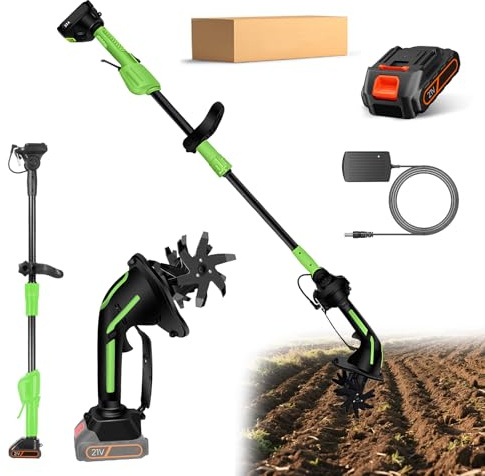 Motoculteur de Jardin sans Batterie, Mini cultivateur sans Fil avec Batterie 21V, houe électrique avec Tige Extensible, Largeur et Profondeur de Travail 10 cm, pour Labour et désherbage (1 Batterie)