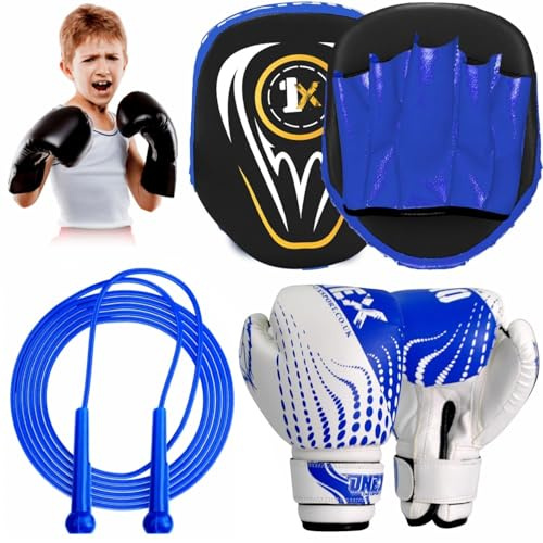 Boxing Set Focus Pads and Gloves Mitts Punch Bag Head guard MMA Training Hook & Jab, Kids Unisex Sparring Gloves punching Pads Martial Arts Karate Fitness Exercise Sets. (BLUE)