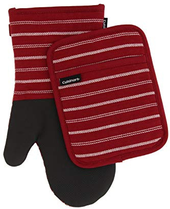 Cuisinart Neoprene Oven Mitts and Potholder Set-Heat Resistant Oven Gloves to Protect Hands and Surfaces with Non-Slip Grip, Hanging Loop-Ideal for Handling Hot Cookware Items, Twill Stripe Red Dahlia