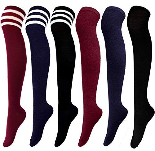 DRESHIW 6 Pares Calcetines Hasta la Rodilla Raya Escuela de Cosplay Sobre la Rodilla Medias Hasta el Muslo Calcetines Largos Calientapiernas Para Niñas y Mujeres