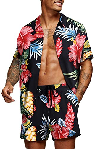 COOFANDY Kortärmad skjorta för män, blommor, Hawaii-skjorta och shorts, set, blommig festoutfit, män, button down, sommarskjorta, Marin och röd, L