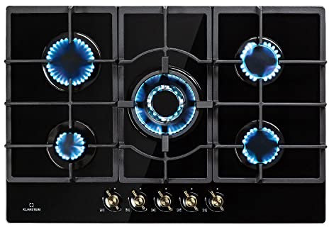 Klarstein Victoria gas hob, built-in, Sabaf burner, natural/propane gas, safety valves, automatic switch-off, cast iron pan supports, glass ceramic retro look, 5 flames, black
