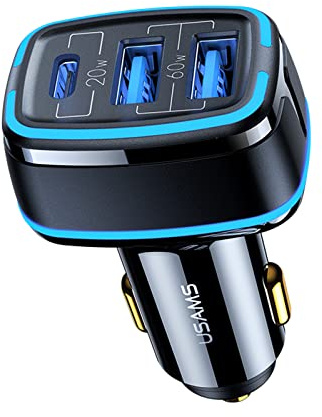 USAMS 3-port USB bil snabbladdare 1 x TypeC 2 x USB-port – 80 W/4,5 A, 20 W PD & 60 W dubbel QC3.0 – billaddare cigarett Lighter Adapter 12 V – 80 W Laddningskraft