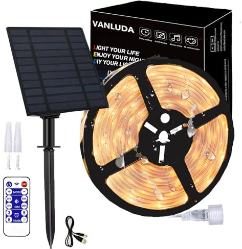 Solar LED Streifen Außen,5600mAh 10m LED Strip IP67 Wasserdichter 640 LEDs,Dimmbare Lichtleisten mit Fernbedienung,Warmweißes LED Lichter für Gartenbäume Zuhause Weihnachten Urlaub Terrasse Party