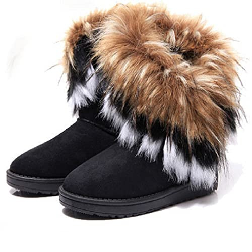 SYT-MD Femmes Bottes de Fourrure Dames Hiver Chaud Bottines for Femmes Chaussures de Neige Style Bout Rond sans Lacet Femme Troupeau Neige Botte Dames Chaussures(Black,39 EU)