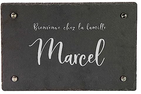 LAUBLUST Plaque porte en ardoise personnalisée - Texte souhaité & 7 polices au choix - Plaque d'entrée & plaque de maison avec nom | 3 tailles, 4 supports muraux en acier inoxydable
