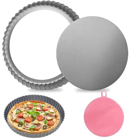 RUCUDIM Stampo per Quiche da 22 cm, Teglia da Forno con Fondo di Sollevamento, Antiaderente, Stampo per Torta di Frutta, in Acciaio al Carbonio, Rotondo, Bordo Ondulato con Spazzola per la Pulizia