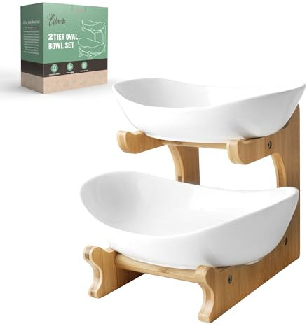 SEVEN SPARTA 2 Tier Fruit Bowl for Kitchen Counter/Ceramic Serving Bowls with Bamboo Stand/Tiered Fruit Basket for Fruit Vegetable Storage, Cake, Dessert, Nuts, Snack, Salad (Dishwasher Safe)