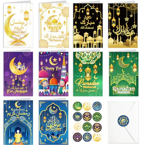 DPKOW 20 Eid Cards Ramadan Mubarak Greeting Card Multipack, Eid Mubarak Cards Muslim Ramadan Greeting Card with Envelopes Stickers for Kids Family